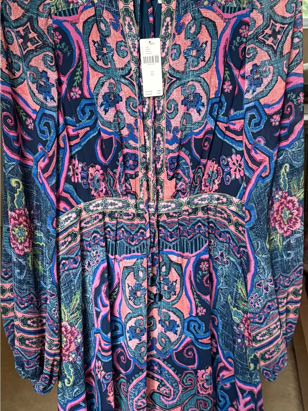 Gorgeous Anthropologie Paisley-NWT, Print Long Sleeve Midi Dress - Blue & Pink - Picture 7 of 7